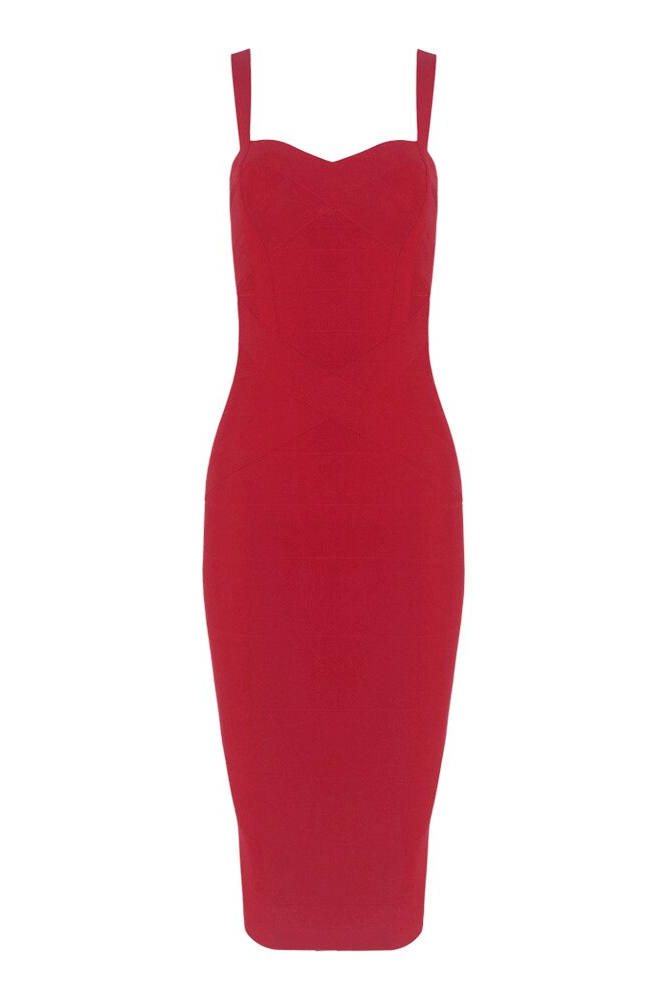Woman wearingthe red party dress Heidi Bandage Midi Dress - Red Wine Bodycon Collection