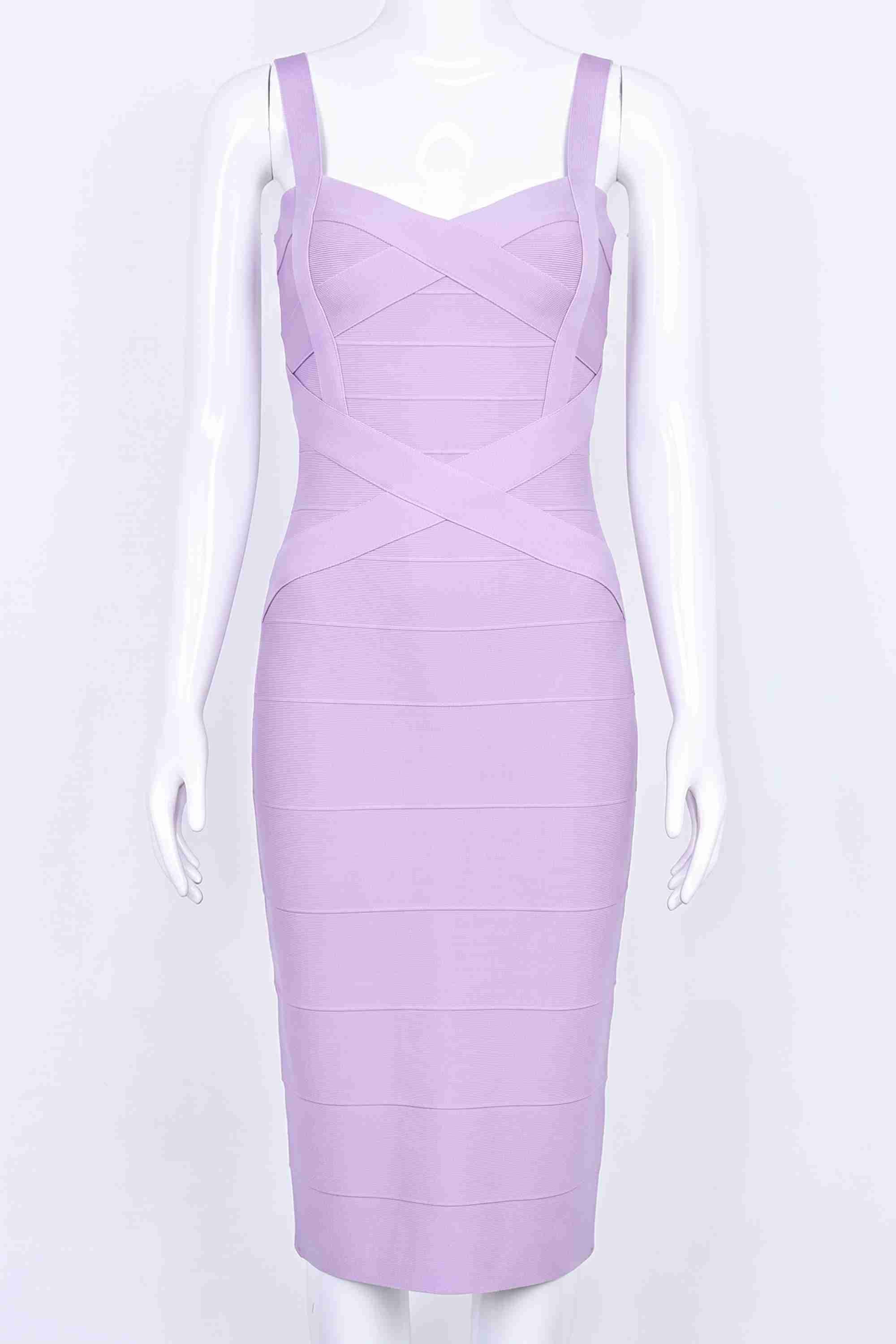 Woman wearing a figure flattering Heidi Bandage Midi Dress - Violet Bodycon Collection