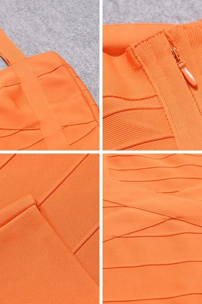 Woman wearing a figure flattering Heidi Bandage Mini Dress - Apricot Orange Bodycon Collection