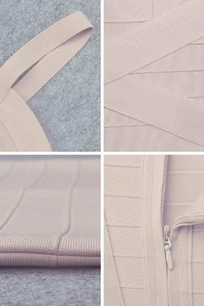 Woman wearing a figure flattering Heidi Bandage Mini Dress - Cream Bodycon Collection