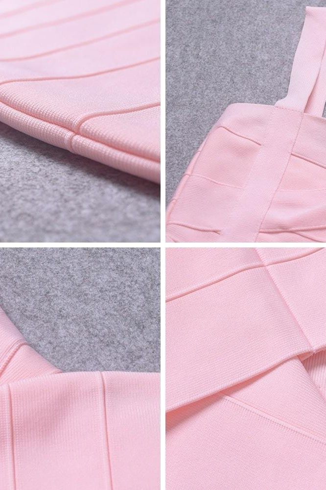 Woman wearing a figure flattering Heidi Bandage Mini Dress - Dusty Pink Bodycon Collection