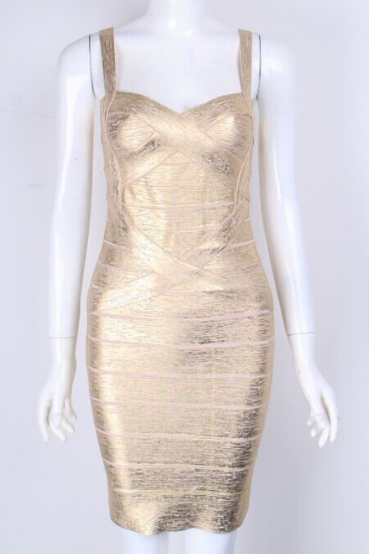 Woman wearing a figure flattering Heidi Bandage Mini Dress - Gold Bodycon Collection