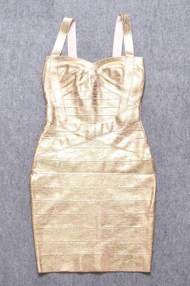 Woman wearing a figure flattering Heidi Bandage Mini Dress - Gold Bodycon Collection