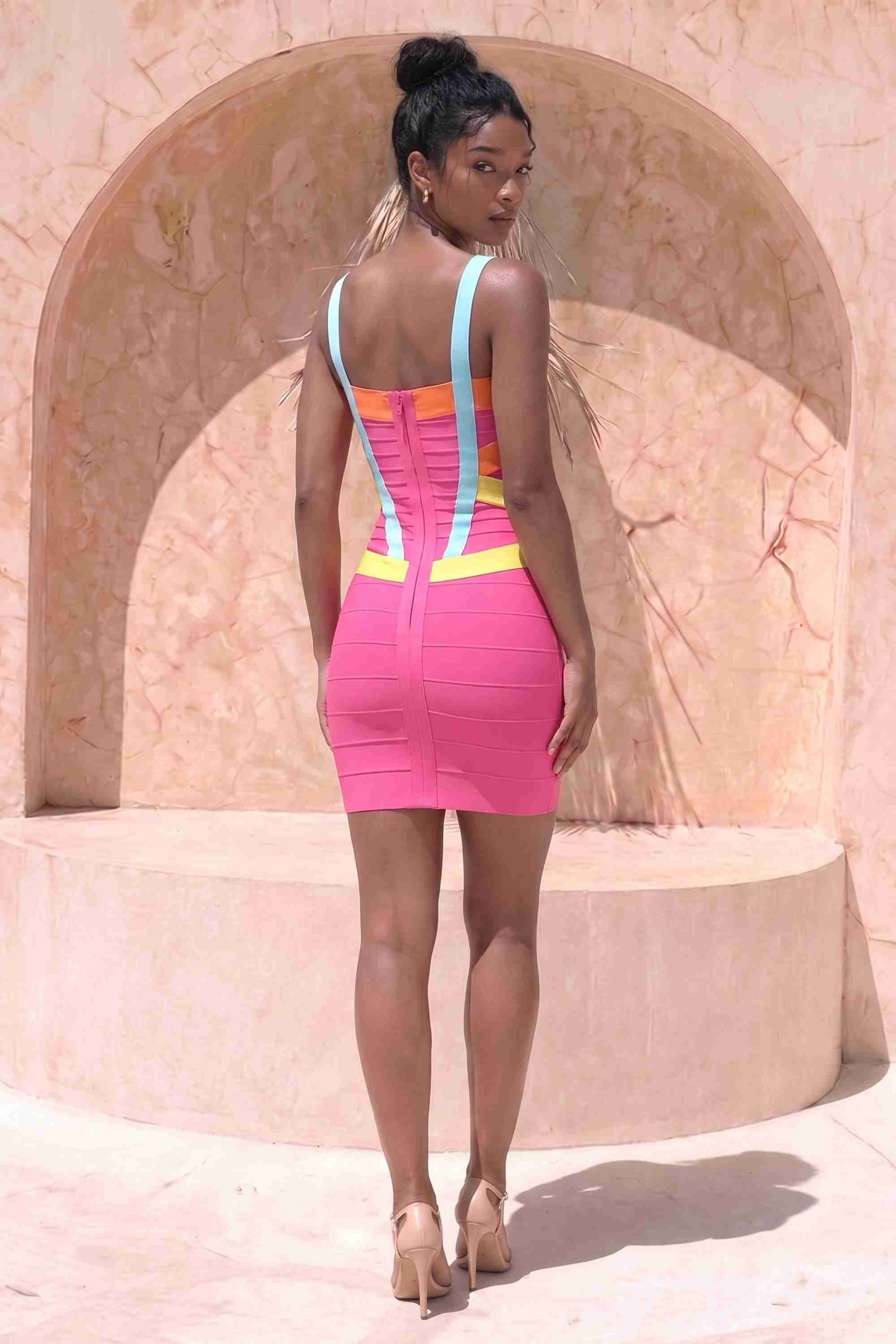 Woman wearing a figure flattering Heidi Bandage Mini Dress - Hot Pink Bodycon Collection