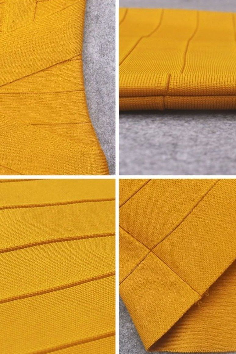 Woman wearing a figure flattering Heidi Bandage Mini Dress - Mustard Yellow Bodycon Collection