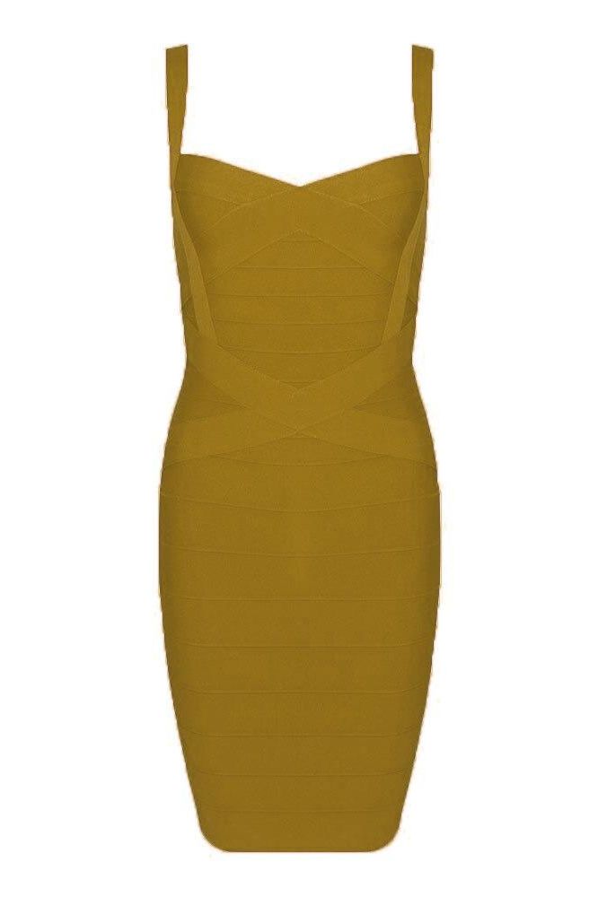 Woman wearing a figure flattering Heidi Bandage Mini Dress - Mustard Yellow Bodycon Collection