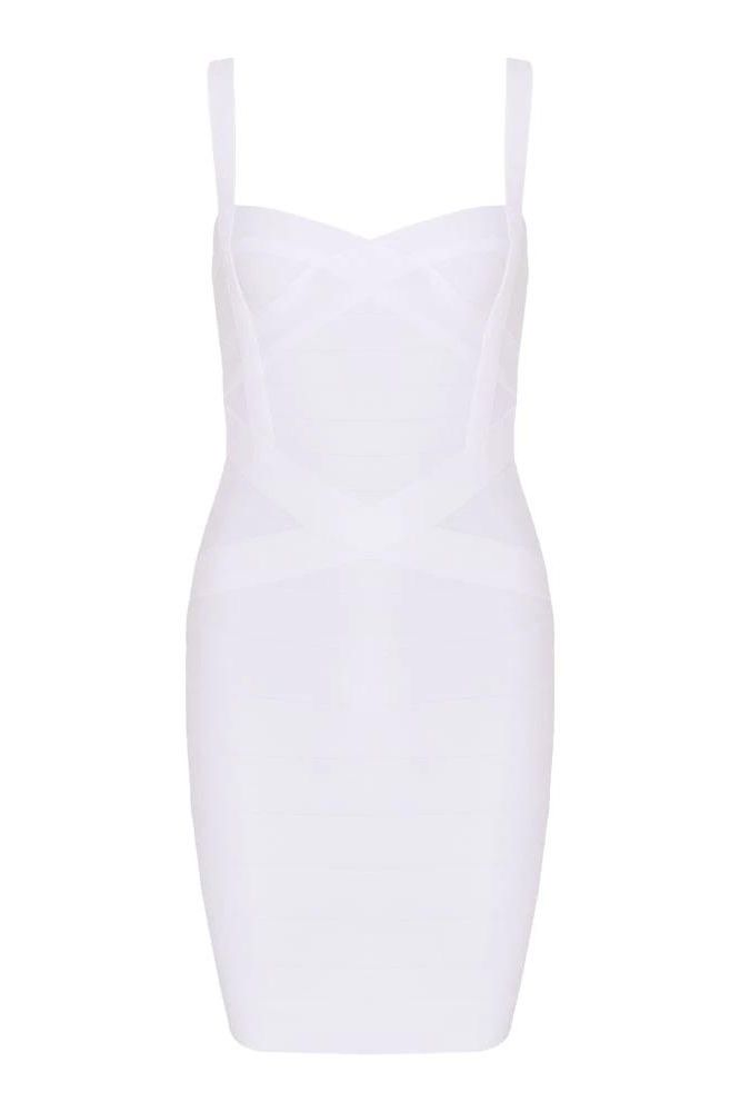 Woman wearing a figure flattering  Heidi Bandage Mini Dress - Pearl White Bodycon Collection