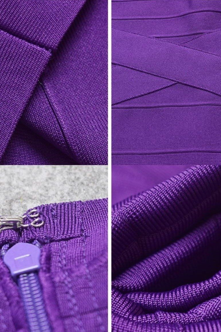 Woman wearing a figure flattering Heidi Bandage Mini Dress - Plum Purple Bodycon Collection