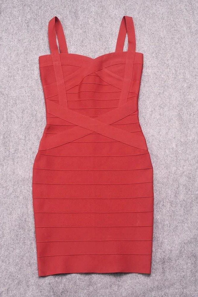 Woman wearing a figure flattering Heidi Bandage Mini Dress - Red Wine Bodycon Collection