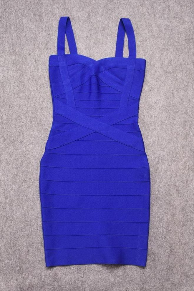 Woman wearing a figure flattering Heidi Bandage Mini Dress - Royal Blue Bodycon Collection