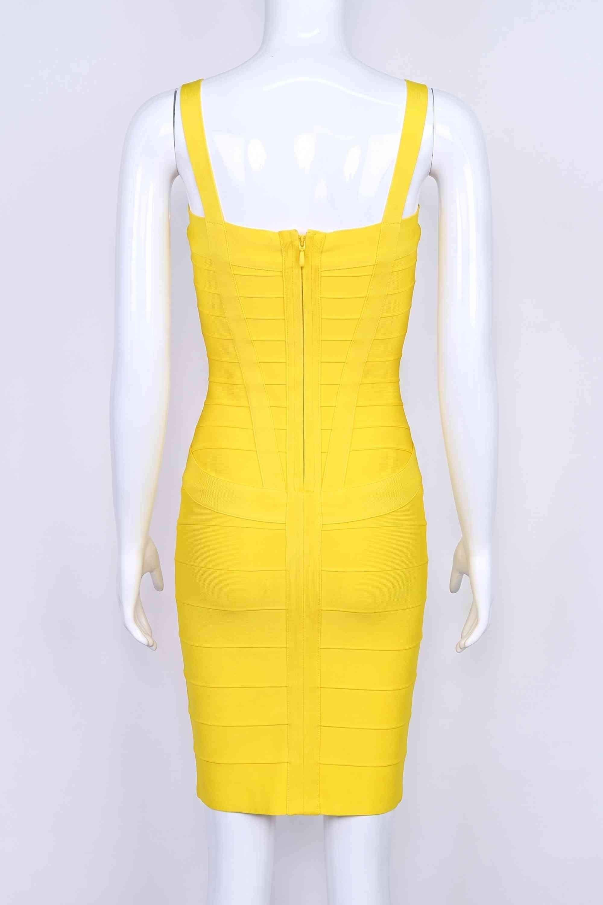 Woman wearing a figure flattering Heidi Bandage Mini Dress - Sun Yellow Bodycon Collection