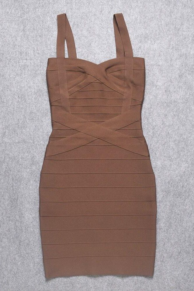 Woman wearing a figure flattering Heidi Bandage Mini Dress - Tan Brown Bodycon Collection
