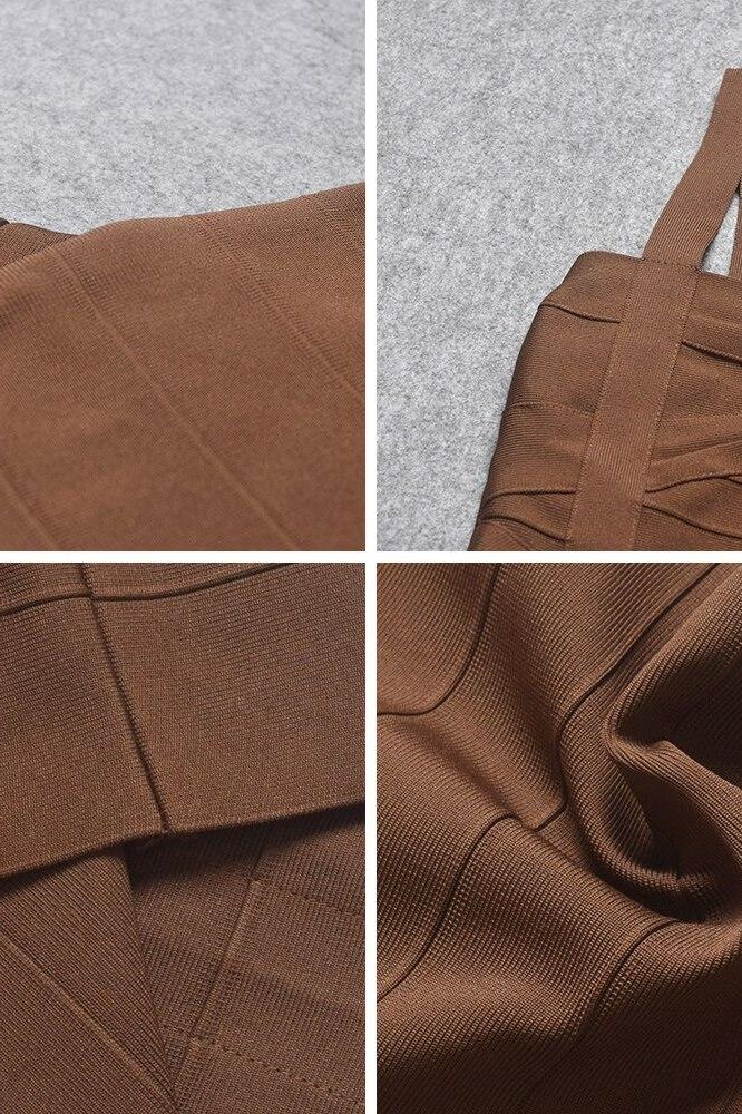 Woman wearing a figure flattering Heidi Bandage Mini Dress - Tan Brown Bodycon Collection