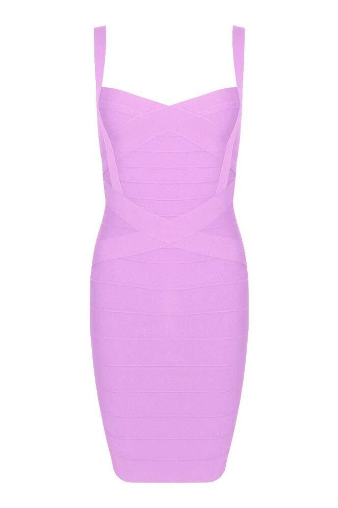 Woman wearing a figure flattering Heidi Bandage Mini Dress - Violet Bodycon Collection
