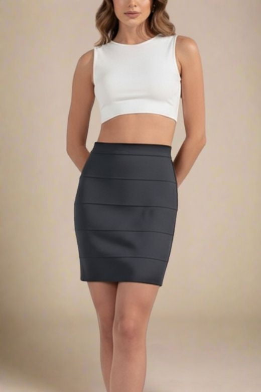 Woman wearing a figure flattering High Waist Bandage Mini Skirt - Classic Black BODYCON COLLECTION