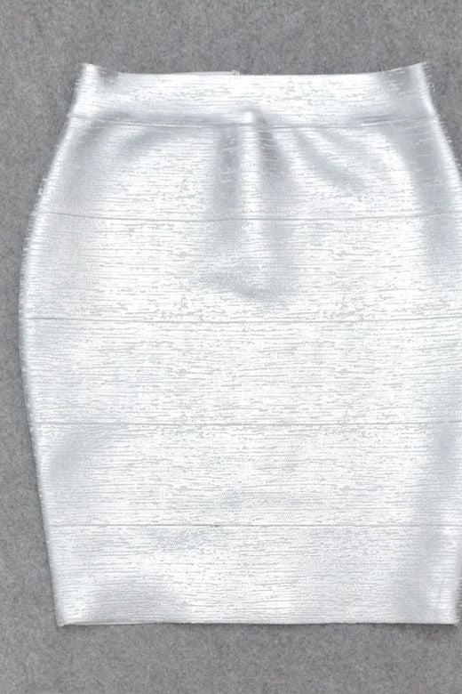Woman wearing a figure flattering High Waist Bandage Mini Skirt - Metallic Silver BODYCON COLLECTION