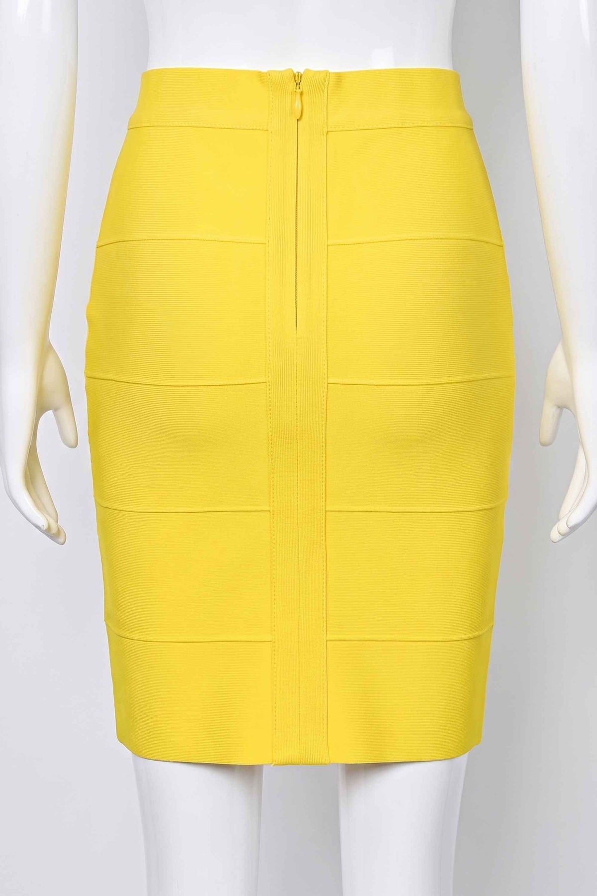 Woman wearing a figure flattering High Waist Bandage Mini Skirt - Sun Yellow BODYCON COLLECTION