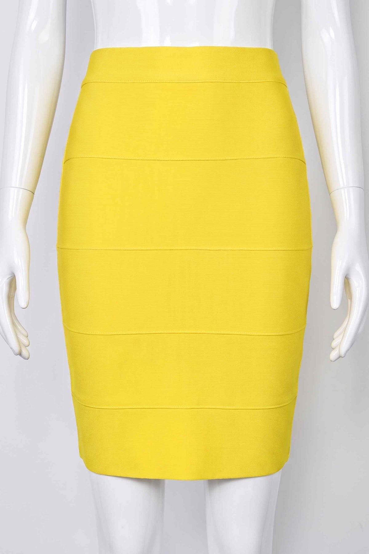 Woman wearing a figure flattering High Waist Bandage Mini Skirt - Sun Yellow BODYCON COLLECTION