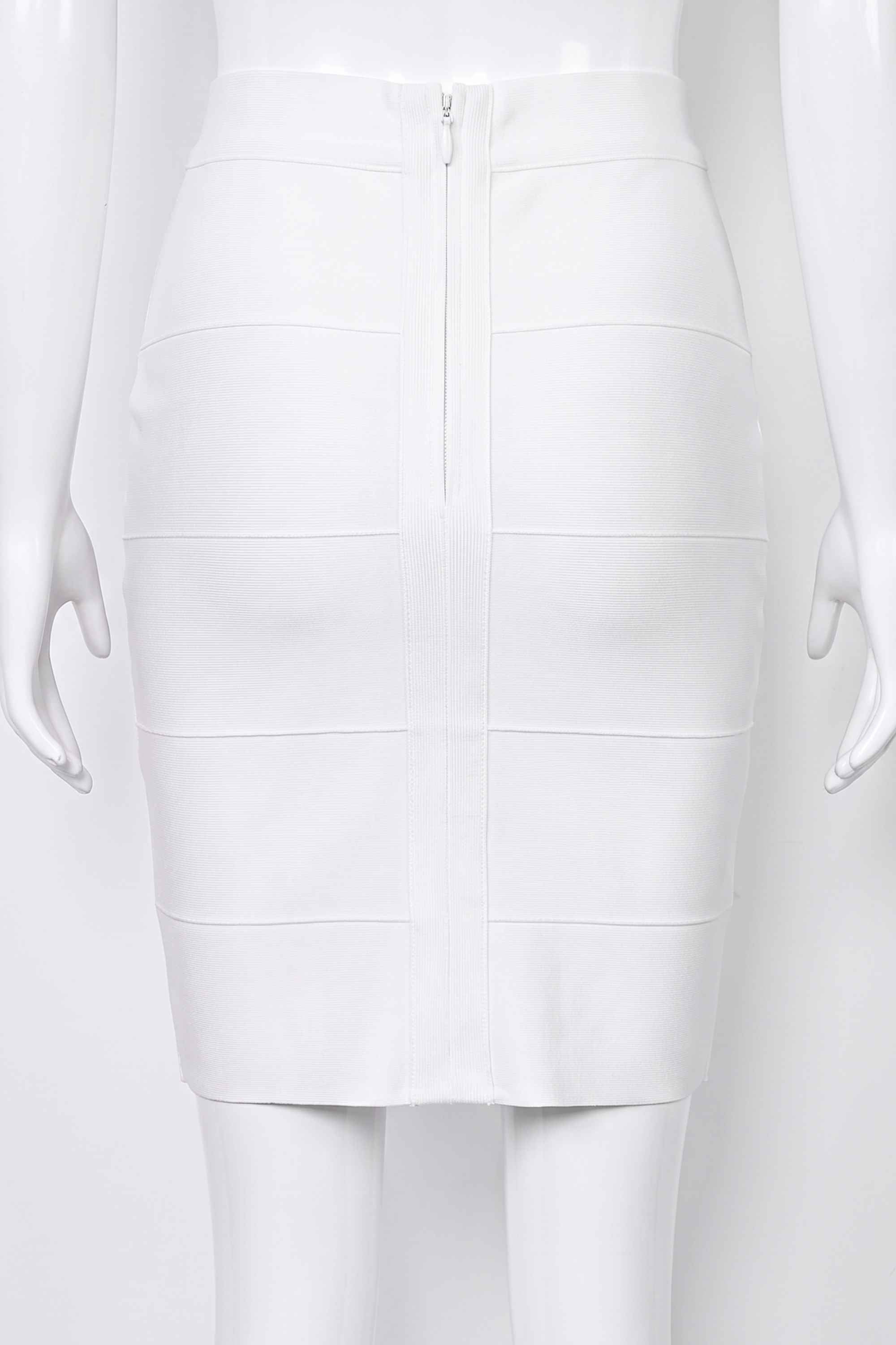 Woman wearing a figure flattering High Waist Bandage Mini Skirt - White Pearl BODYCON COLLECTION