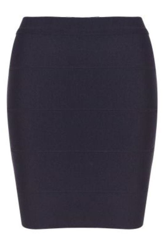 Woman wearing a figure flattering High Waist Bandage Striped Mini Skirt - Classic Black BODYCON COLLECTION