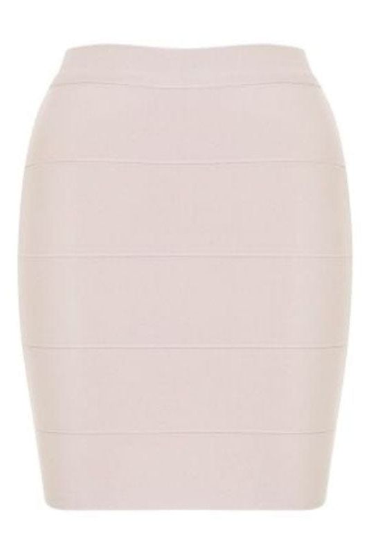 Woman wearing a figure flattering High Waist Bandage Striped Mini Skirt - Cream BODYCON COLLECTION