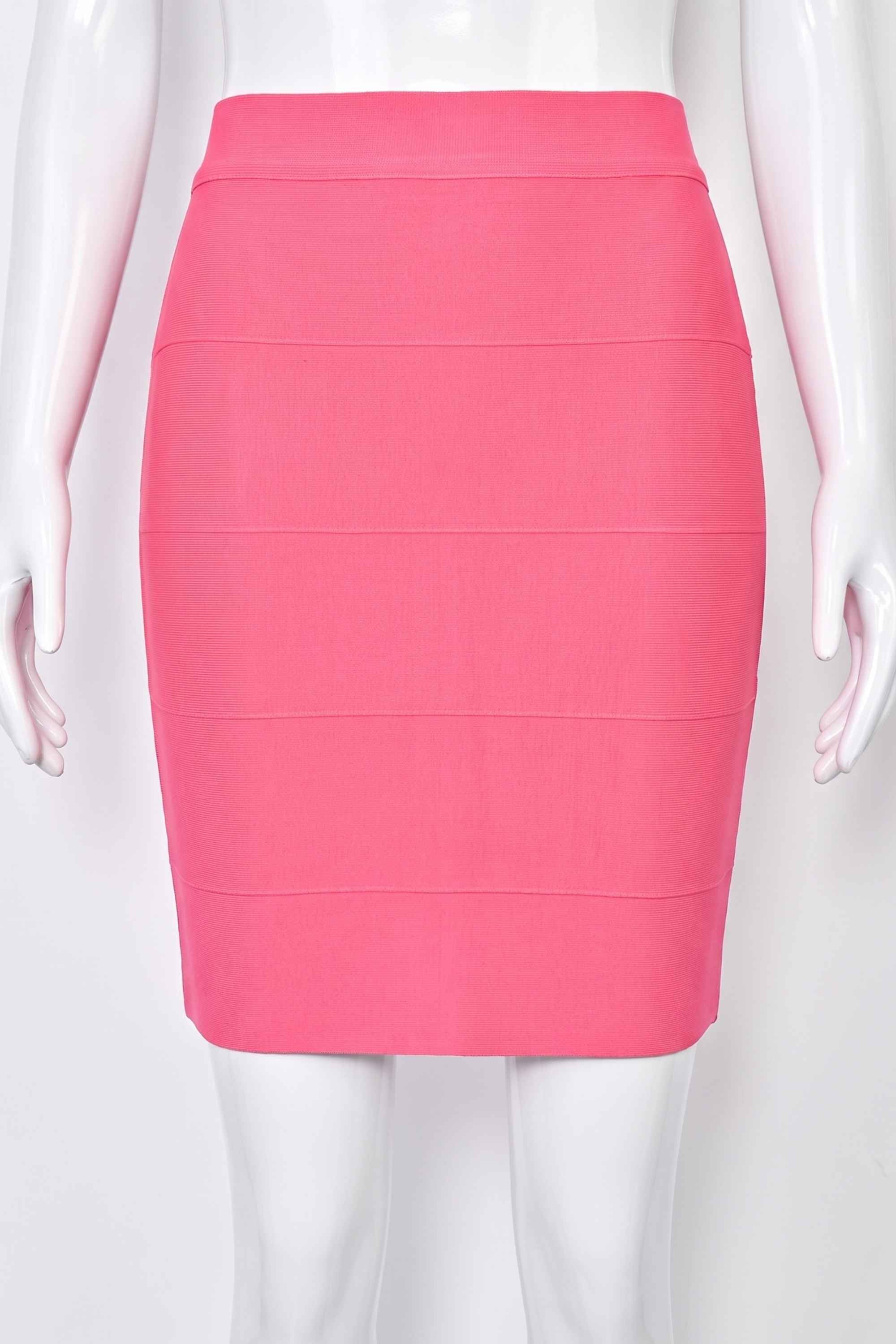 Woman wearing a figure flattering High Waist Bandage Striped Mini Skirt - Hot Pink BODYCON COLLECTION