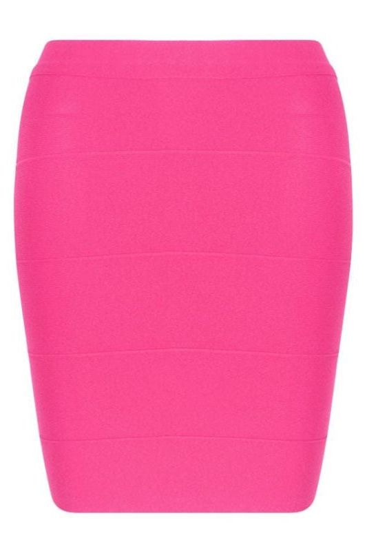 Woman wearing a figure flattering High Waist Bandage Striped Mini Skirt - Hot Pink BODYCON COLLECTION