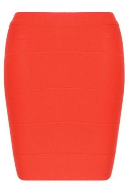 Woman wearing a figure flattering High Waist Bandage Striped Mini Skirt - Lipstick Red BODYCON COLLECTION