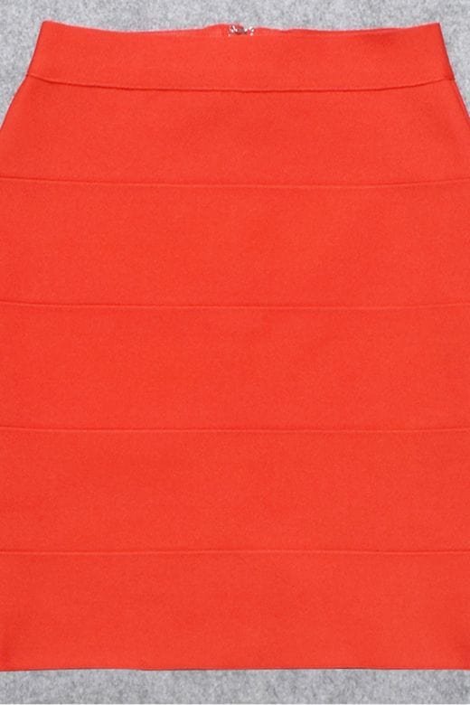 Woman wearing a figure flattering High Waist Bandage Striped Mini Skirt - Lipstick Red BODYCON COLLECTION