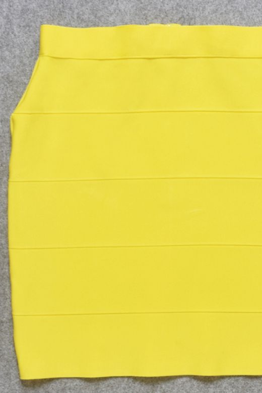 Woman wearing a figure flattering High Waist Bandage Striped Mini Skirt - Sun Yellow BODYCON COLLECTION