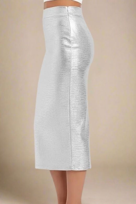 Woman wearing a figure flattering High Waist Leather Pencil Skirt Midi Length - Metallic Silver BODYCON COLLECTION