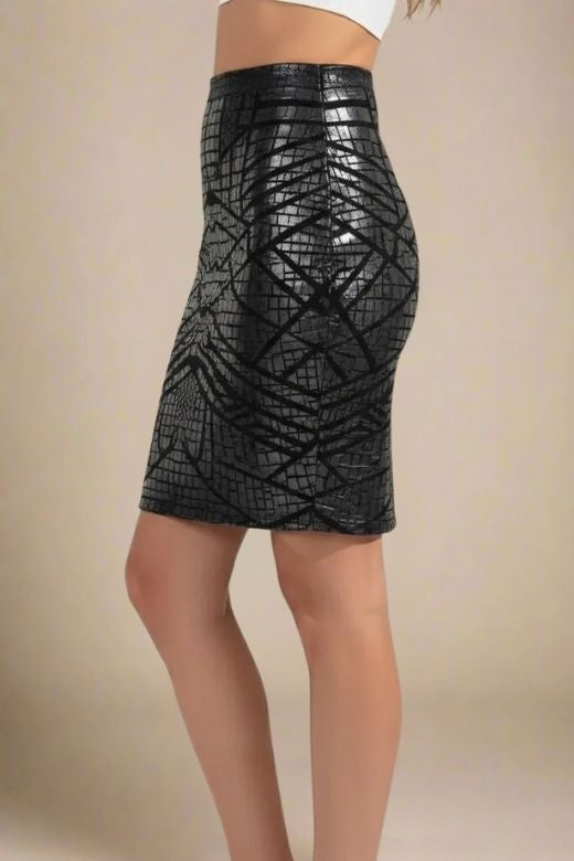 Woman wearing a figure flattering High Waist Leather Pencil Skirt Mini Length - Crocodile Black BODYCON COLLECTION Pty Ltd