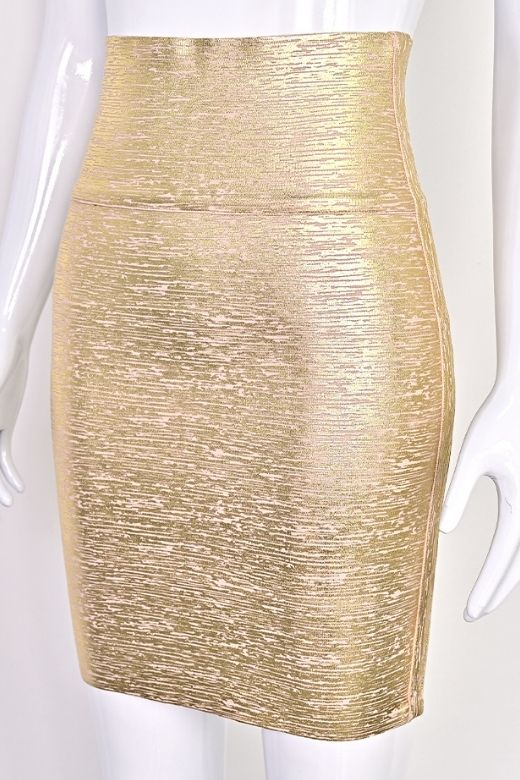 Woman wearing a figure flattering High Waist Leather Pencil Skirt Mini Length - Metallic Gold BODYCON COLLECTION