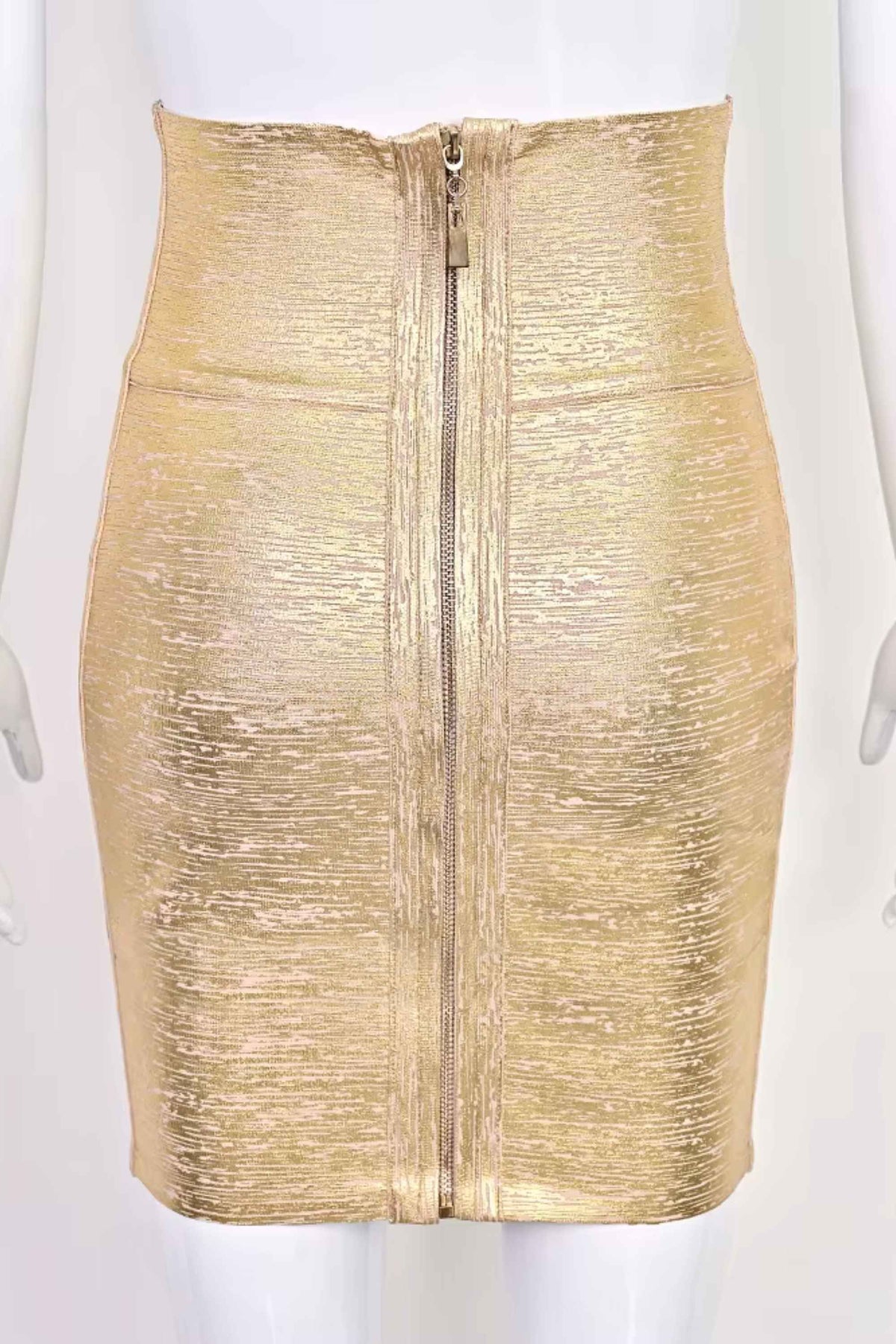 Woman wearing a figure flattering High Waist Leather Pencil Skirt Mini Length - Metallic Gold BODYCON COLLECTION