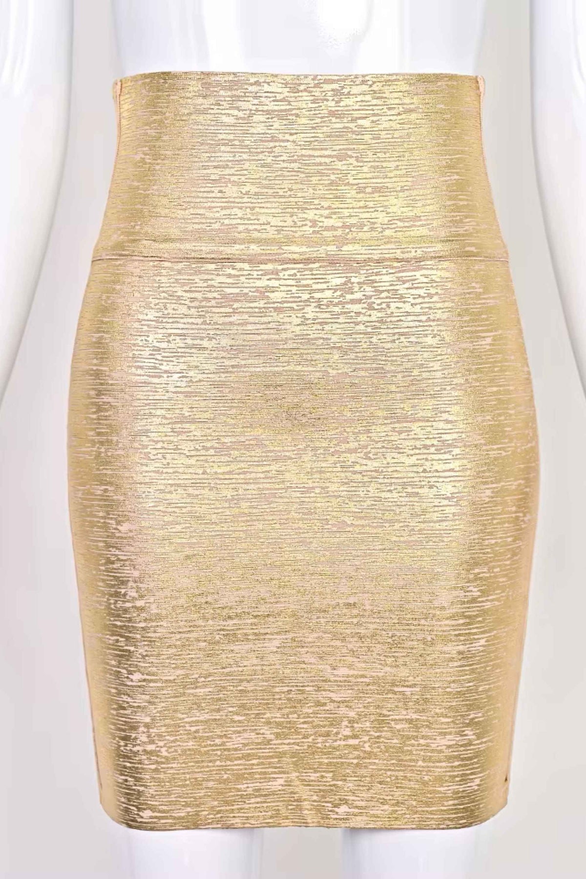 Woman wearing a figure flattering High Waist Leather Pencil Skirt Mini Length - Metallic Gold BODYCON COLLECTION