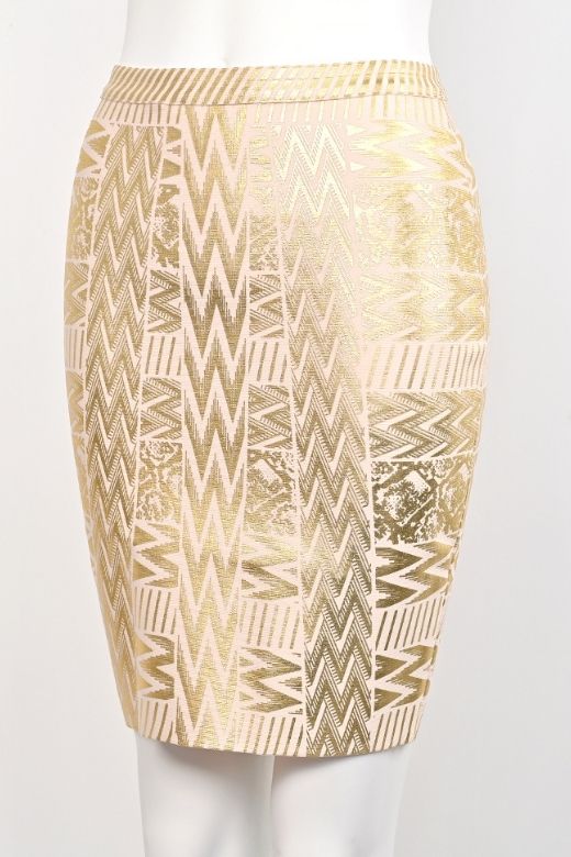 Woman wearing a figure flattering High Waist Metallic Leather Mini Skirt - Gold BODYCON COLLECTION