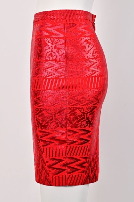 Woman wearing a figure flattering High Waist Metallic Leather Mini Skirt - Lipstick Red BODYCON COLLECTION