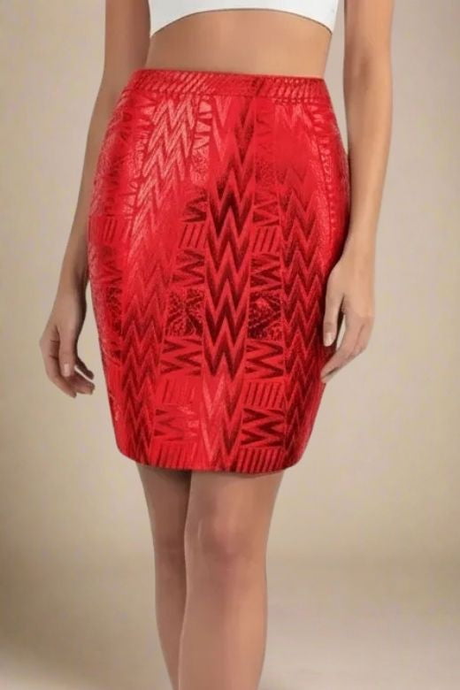 Woman wearing a figure flattering High Waist Metallic Leather Mini Skirt - Lipstick Red BODYCON COLLECTION