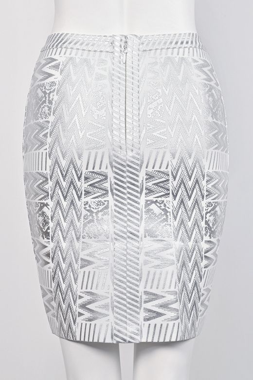 Woman wearing a figure flattering High Waist Metallic Leather Mini Skirt - Silver BODYCON COLLECTION