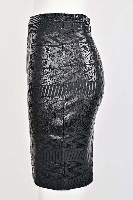 Woman wearing a figure flattering High Waist Metallic Mini Skirt - Classic Black BODYCON COLLECTION