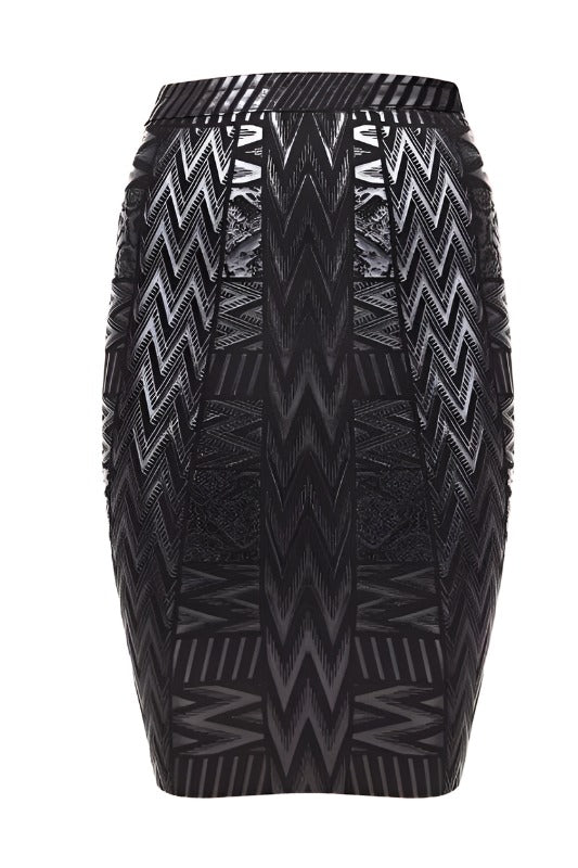 Woman wearing a figure flattering High Waist Metallic Mini Skirt - Classic Black BODYCON COLLECTION