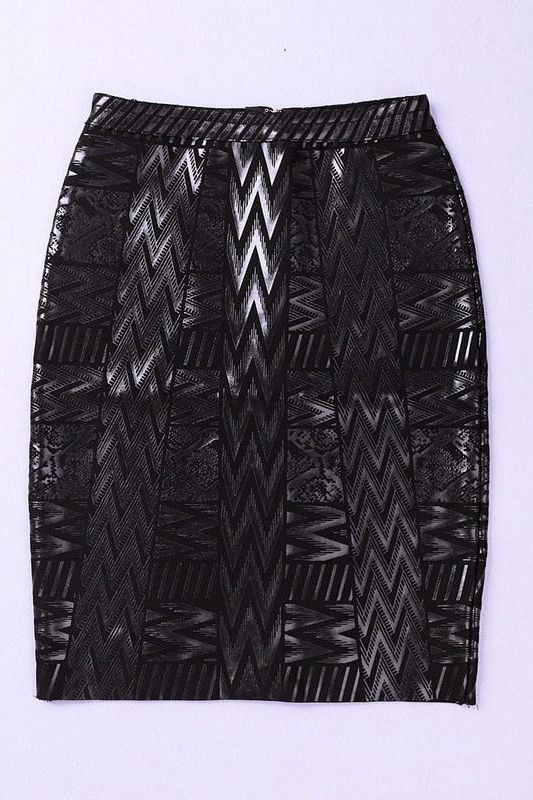 Woman wearing a figure flattering High Waist Metallic Mini Skirt - Classic Black BODYCON COLLECTION
