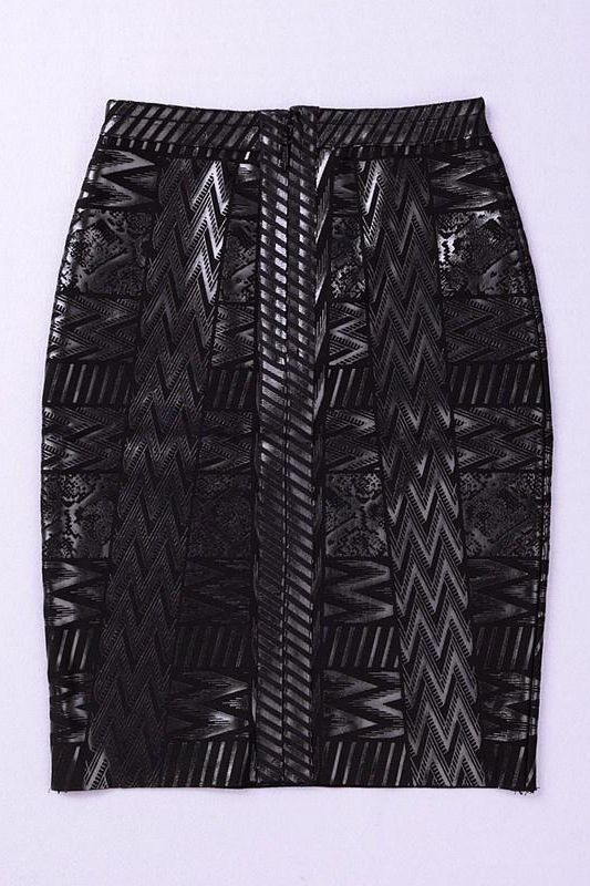 Woman wearing a figure flattering High Waist Metallic Mini Skirt - Classic Black BODYCON COLLECTION