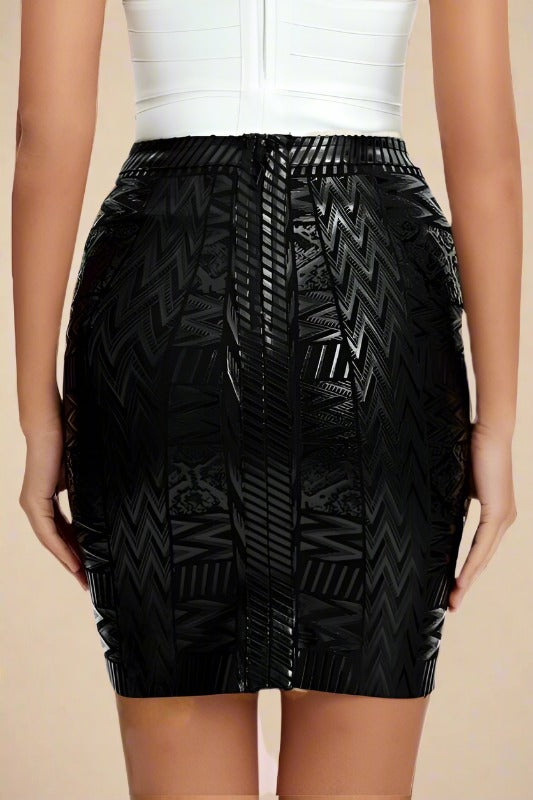 Woman wearing a figure flattering High Waist Metallic Mini Skirt - Classic Black BODYCON COLLECTION