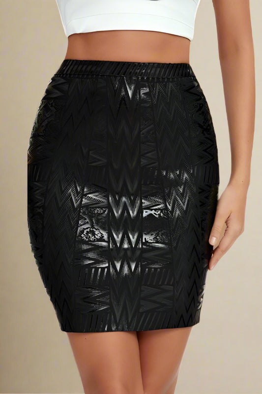 Woman wearing a figure flattering High Waist Metallic Mini Skirt - Classic Black BODYCON COLLECTION
