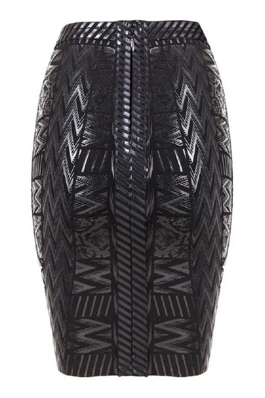 Woman wearing a figure flattering High Waist Metallic Mini Skirt - Classic Black BODYCON COLLECTION