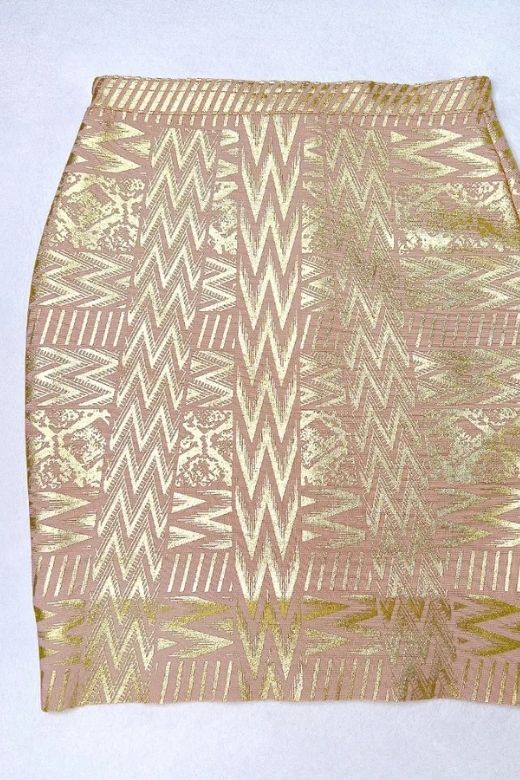 Woman wearing a figure flattering High Waist Metallic Mini Skirt - Gold BODYCON COLLECTION