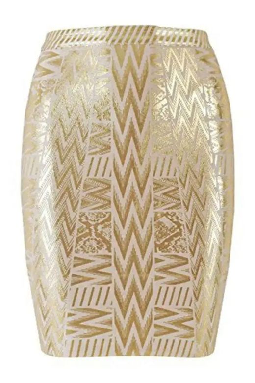 Woman wearing a figure flattering High Waist Metallic Mini Skirt - Gold BODYCON COLLECTION