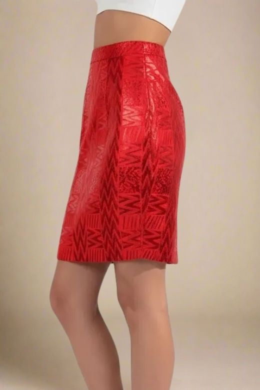 Woman wearing a figure flattering High Waist Metallic Mini Skirt - Lipstick Red BODYCON COLLECTION