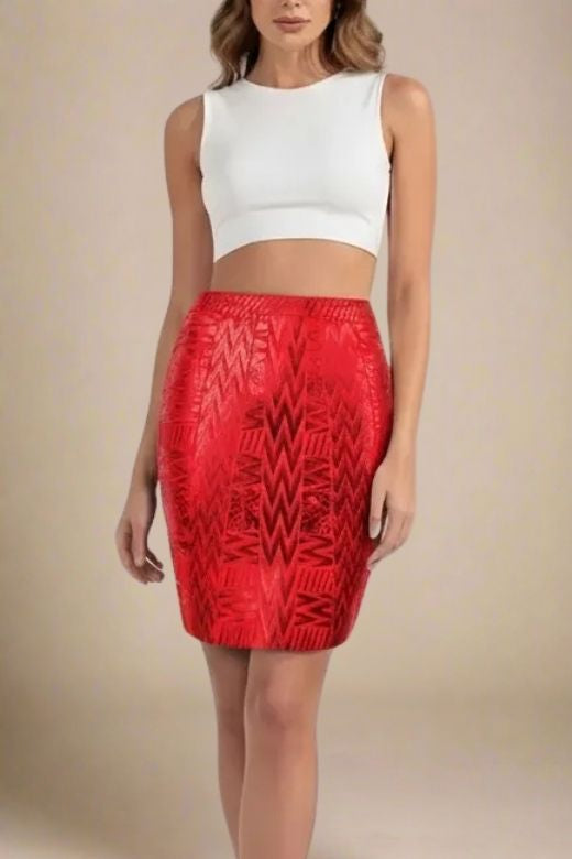 Woman wearing a figure flattering High Waist Metallic Mini Skirt - Lipstick Red BODYCON COLLECTION